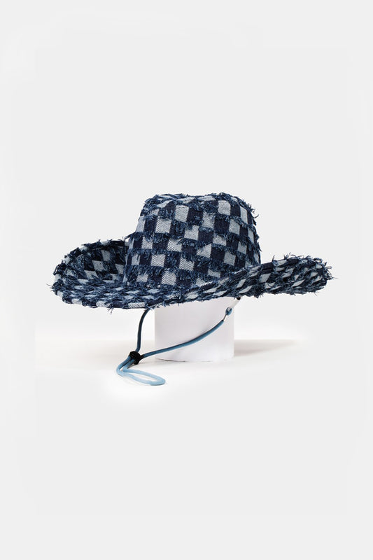 Fame Checkered Fringe Denim Cowboy Hat apparel & accessories