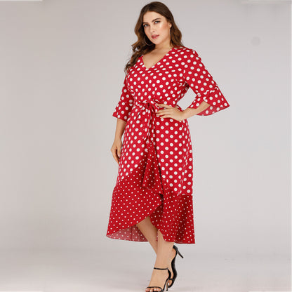 Plus size V-neck lace ruffled polka dot dress Dresses & Tops