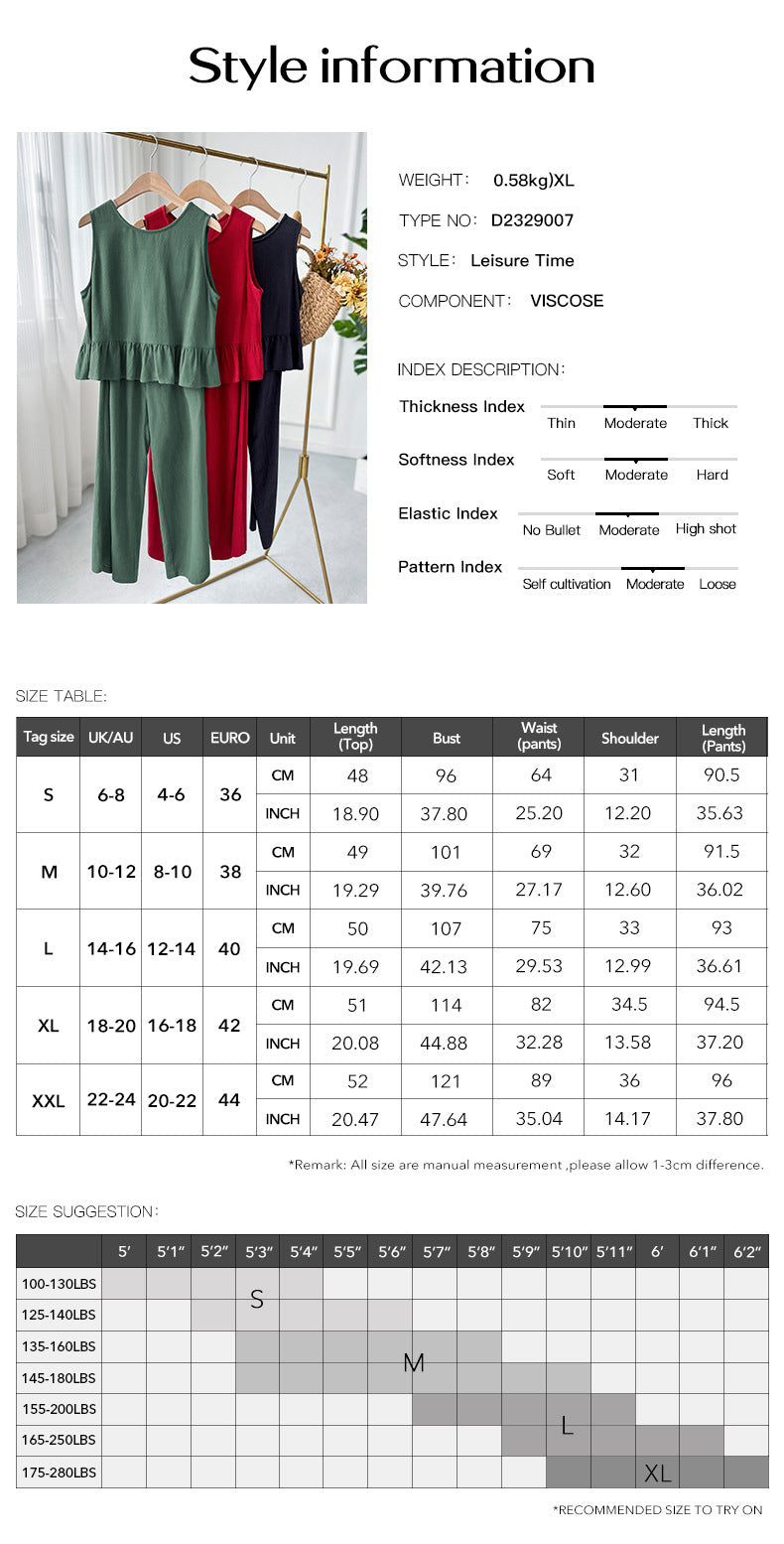 Women's Sleeveless Shirt Wide Leg Cotton And Linen Cropped Pants Set apparels & accessories