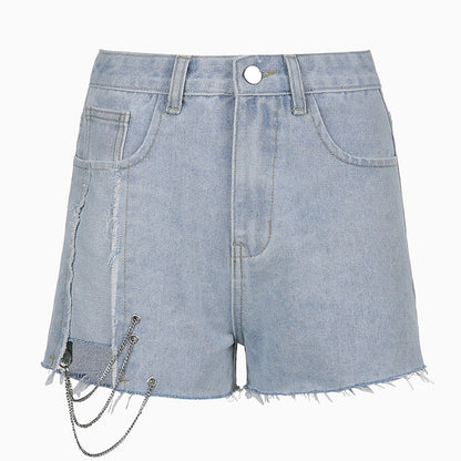 Women's Chain Raw Edge Washed Denim High Waist Wide Leg Shorts shorts