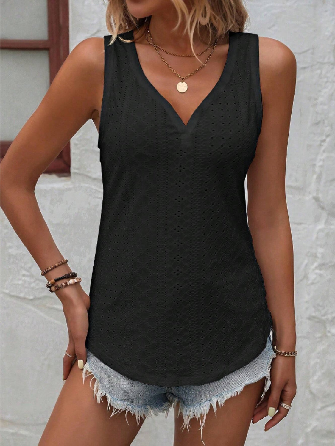 Eyelet V-Neck Wide Strap Tank apparel & accessories