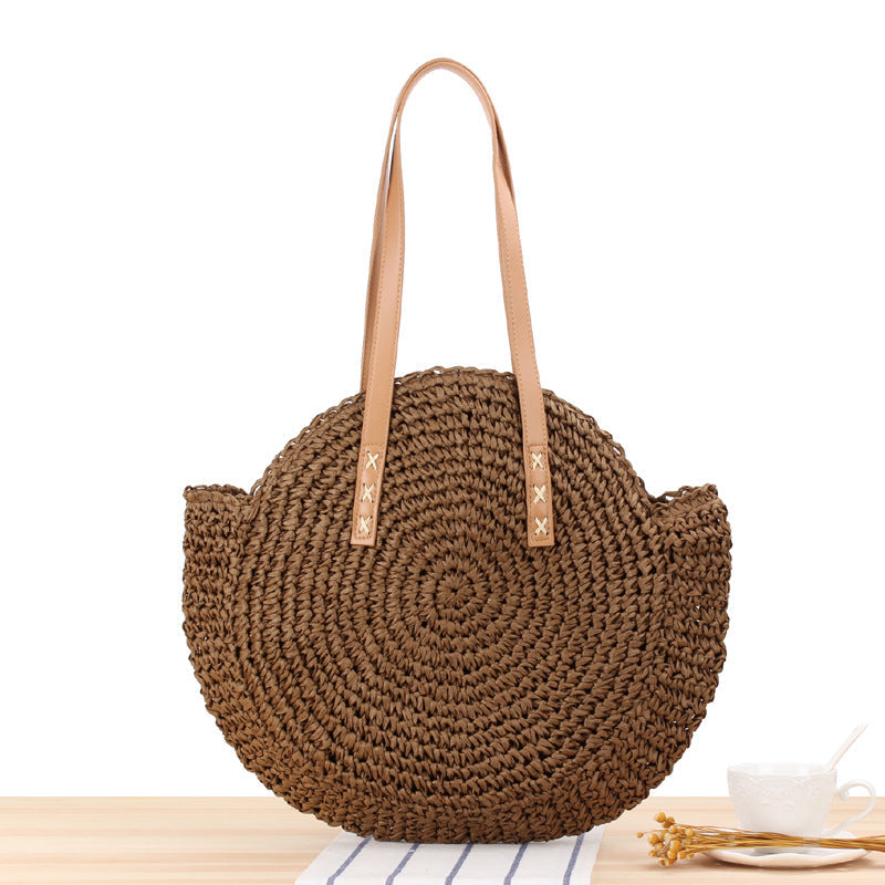 Simple Round Shoulder Bag Straw Handbag Summer Beach Bags apparel & accessories