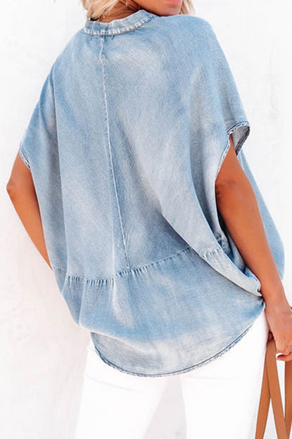 Notched Short Sleeve Denim Top apparel & accessories