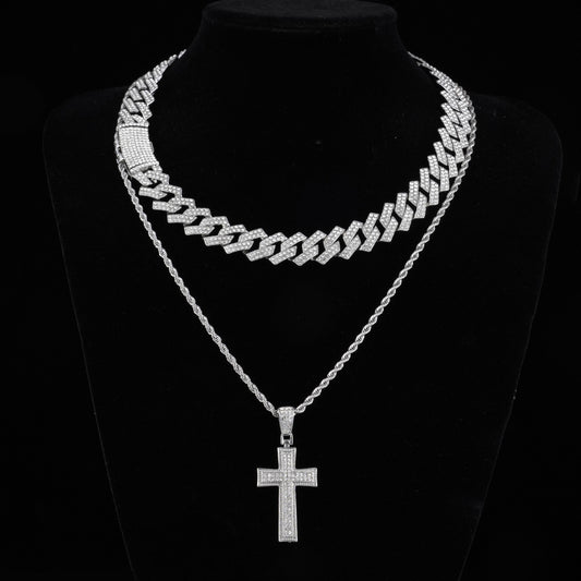 Full Diamond Cross Pendant Cuban Link Chain Jewelry