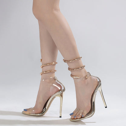 Rhinestone High-heeled Sandals Snakelike Winding Round Toe Transparent Shoes & Bags