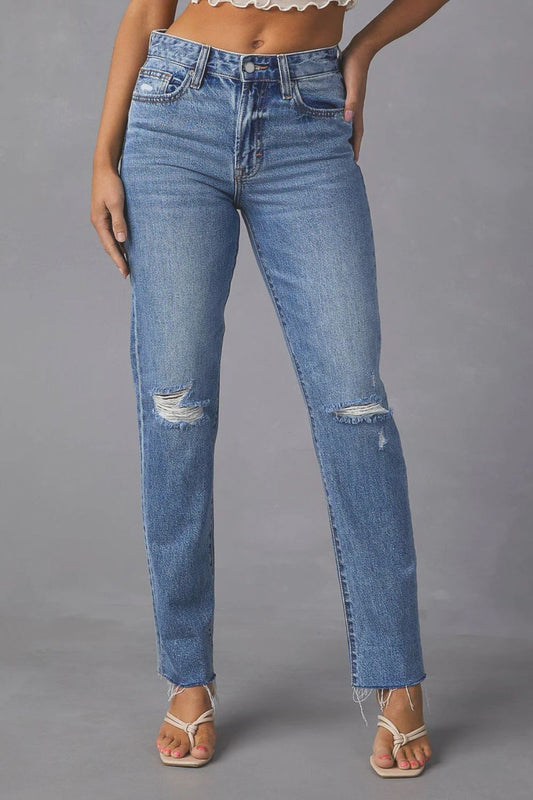 Distressed Raw Hem Straight Jeans with Pockets Bottom wear