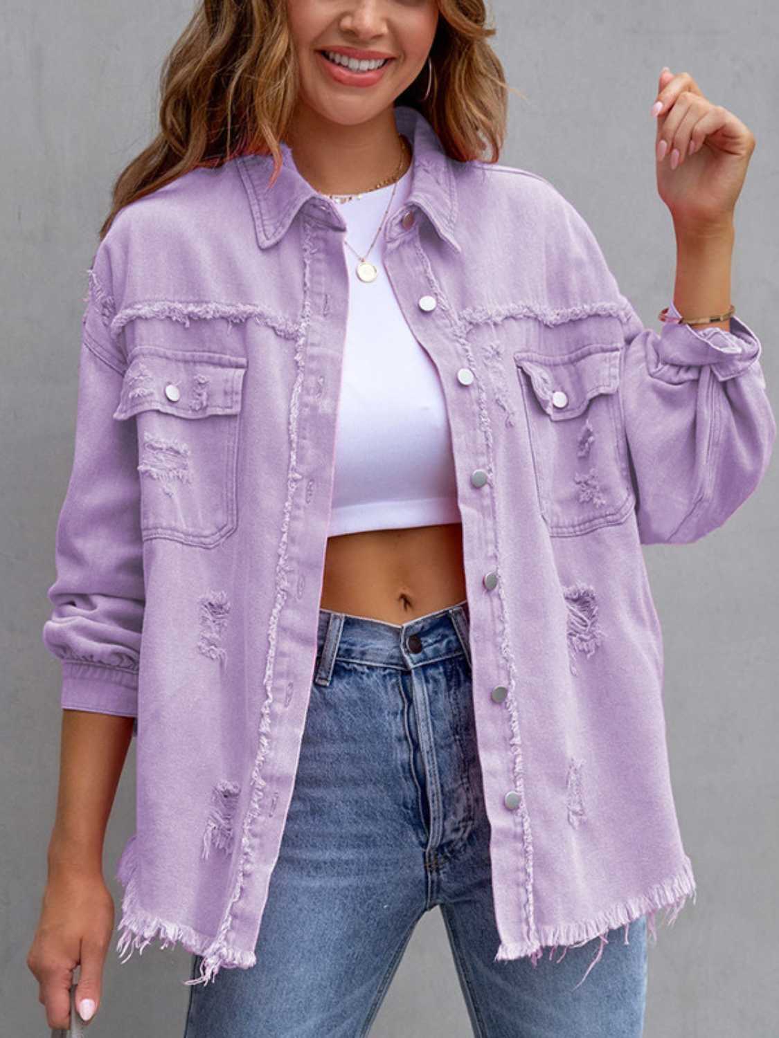 Distressed Drop Shoulder Denim Jacket apparel & accessories