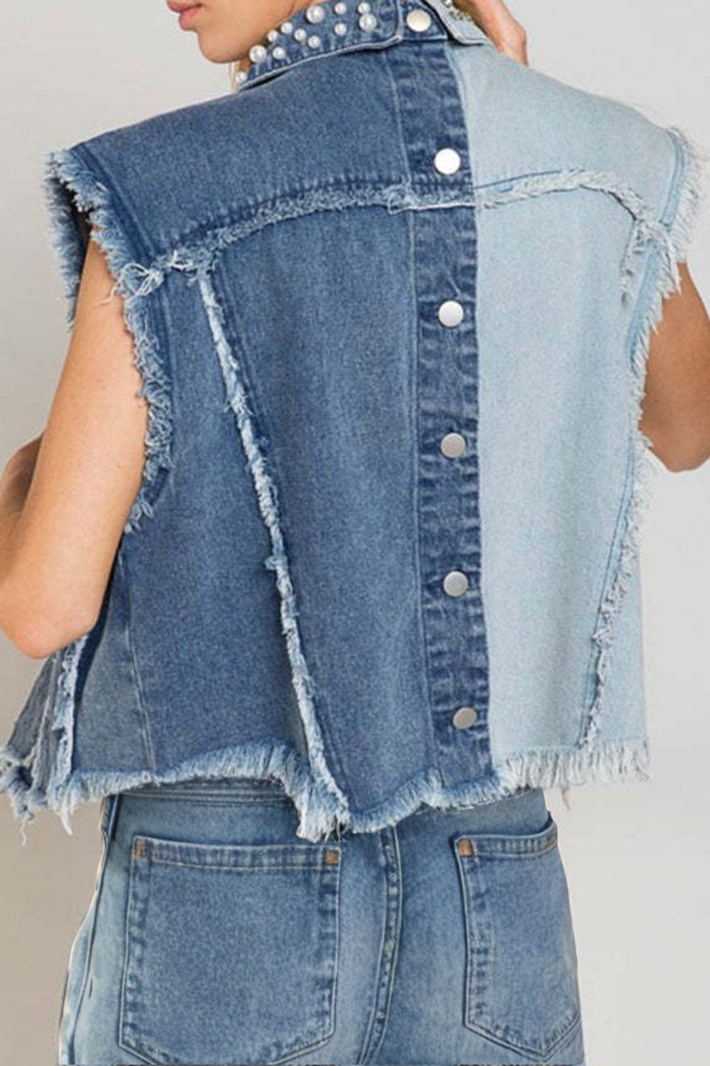 Pearl Raw Hem Sleeveless Denim Jacket Accessories for women