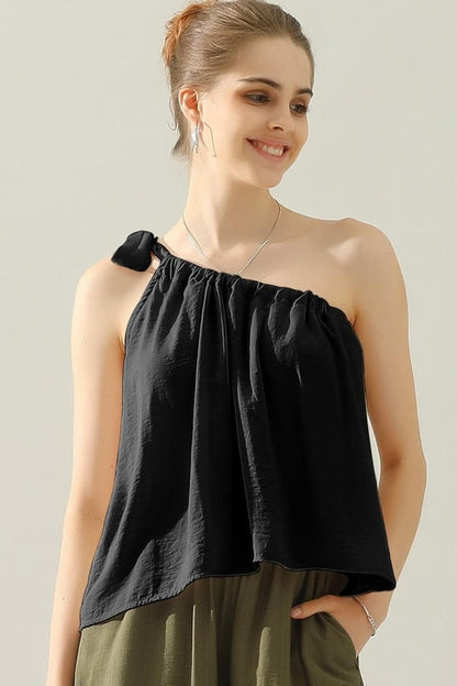 Ninexis One Shoulder Bow Tie Strap Satin Silk Top apparel & accessories