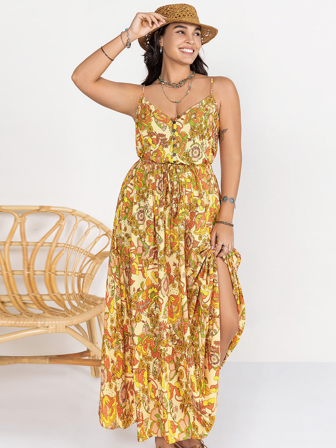 Plus Size Printed V-Neck Maxi Cami Dress Dresses & Tops
