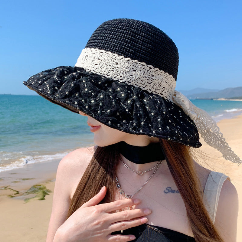 Lace Bow Straw Fisherman Hat Summer Outdoor Sunhat With Large Brim Anti-UV Sunshade And Face Protection Hat apparels & accessories