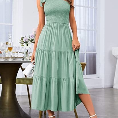 Summer Fashion Women's One-shoulder Pleated Layered Hem Split Dress apparels & accessories