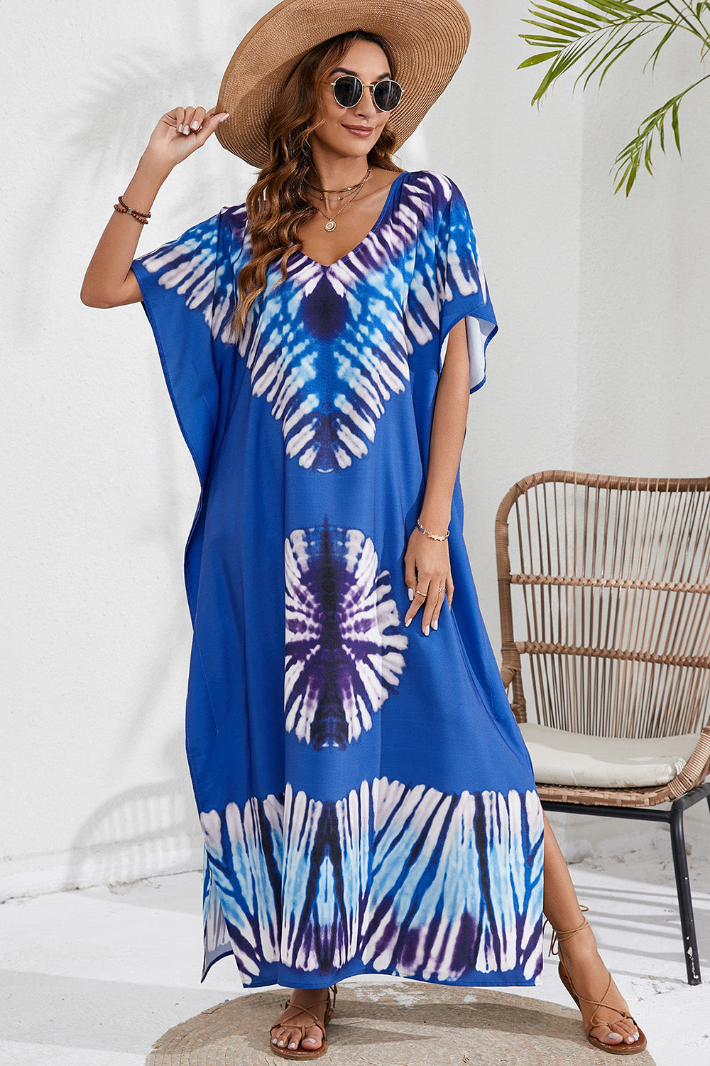 Slit Printed V-Neck Short Sleeve Cover Up apparel & accessories