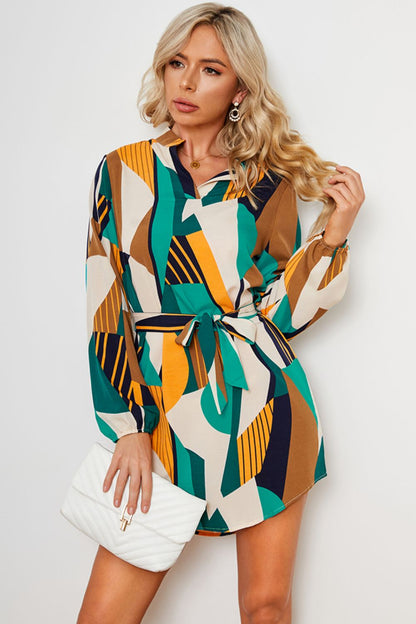 Geometric Print Belted Curved Hem Dress apparel & accessories