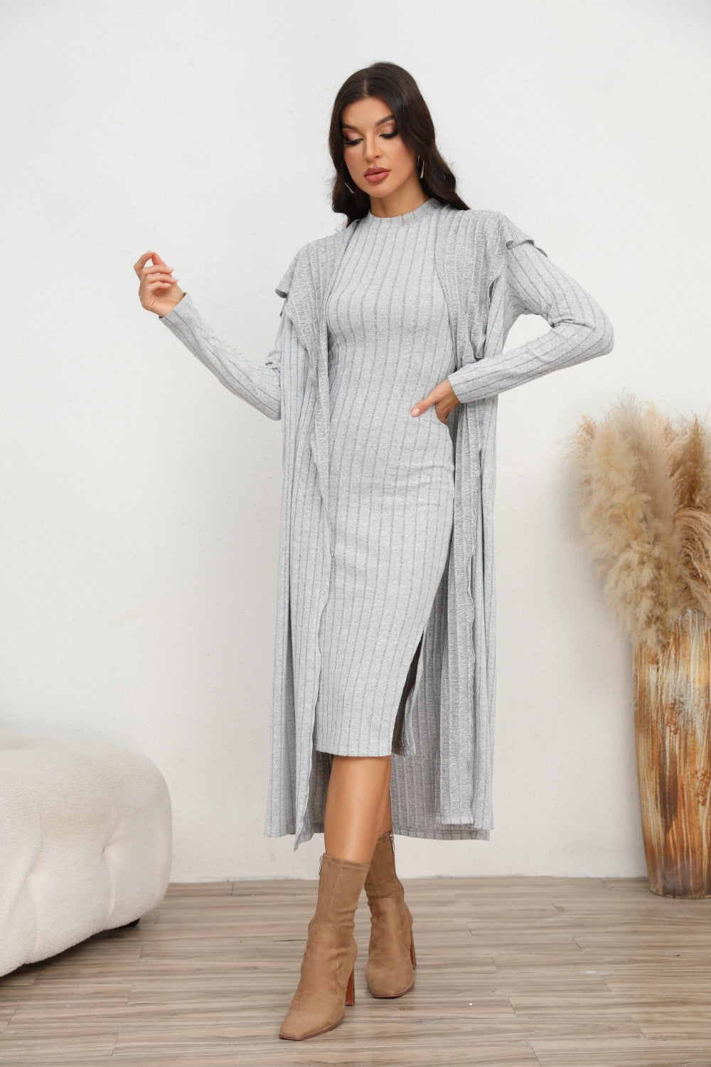 Slit Dress and Longline Cardigan Set Dresses & Tops