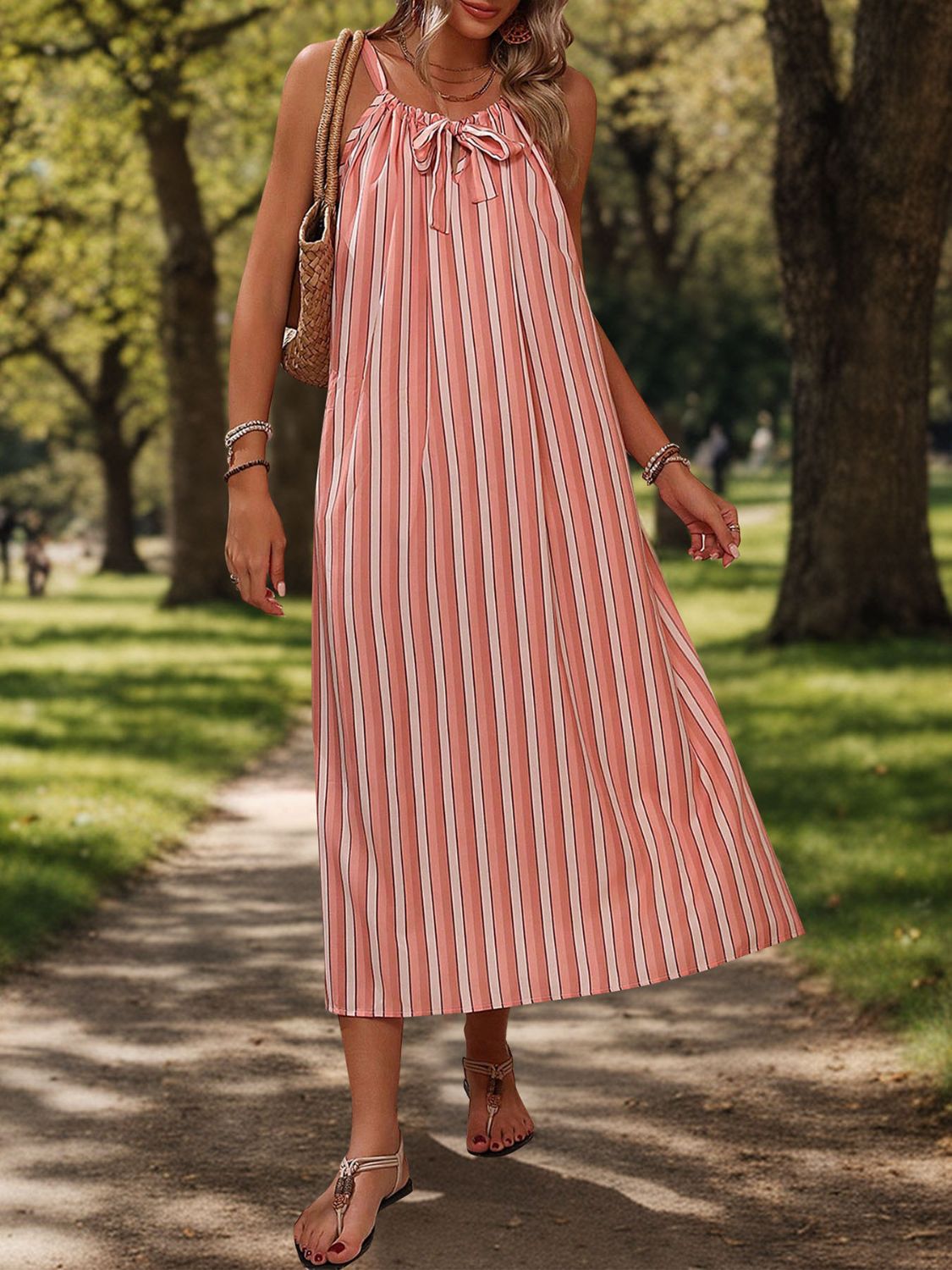 Striped Tie Neck Midi Cami Dress Dresses & Tops