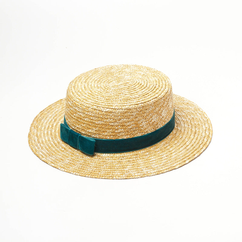 Straw hat with velvet ribbon and flat top apparel & accessories