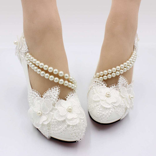 3D Floral White High Heels Shoes & Bags