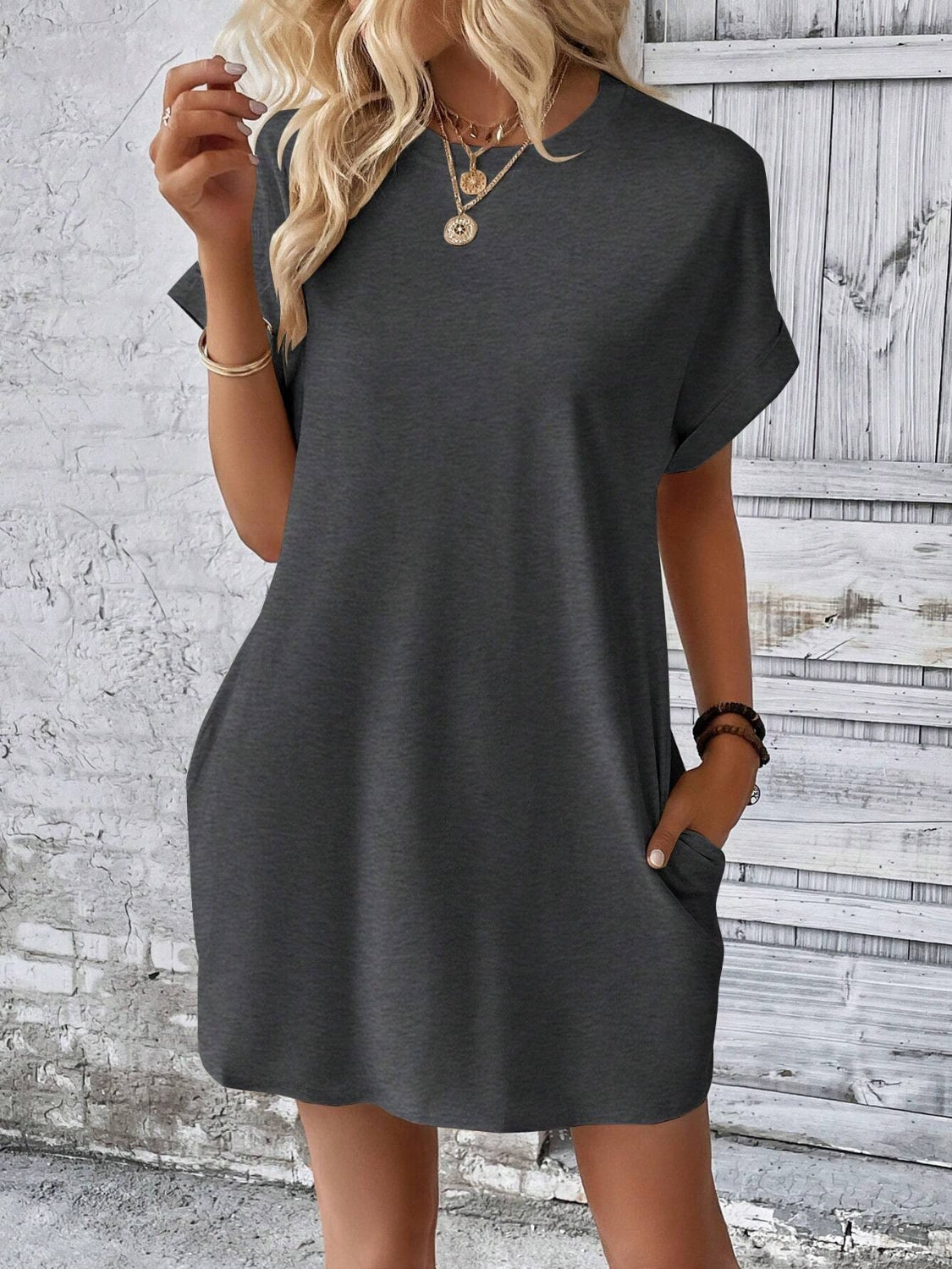 Round Neck Short Sleeve Mini Dress Dresses & Tops