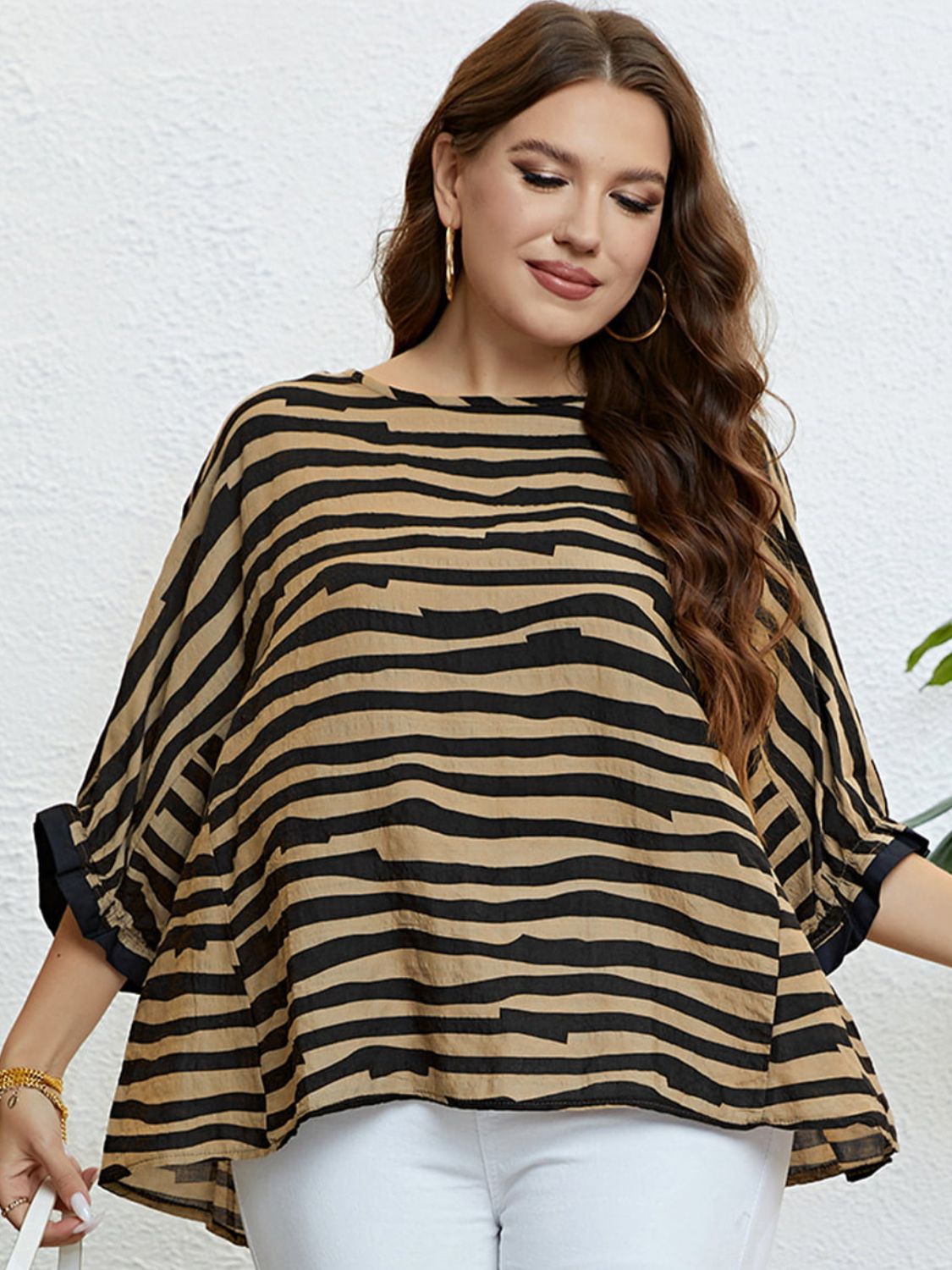 Plus Size Striped Three-Quarter Sleeve Boat Neck Top apparel & accessories