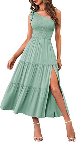 Summer Fashion Women's One-shoulder Pleated Layered Hem Split Dress apparels & accessories