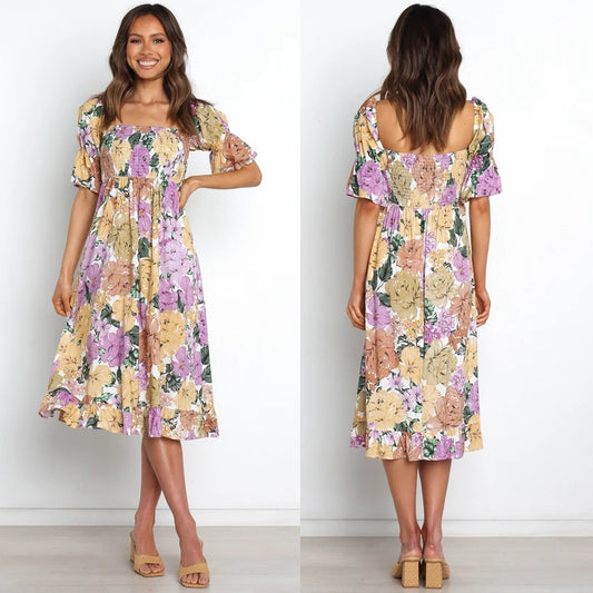 Ruffle Sleeve Big Flower Print Dress apparels & accessories