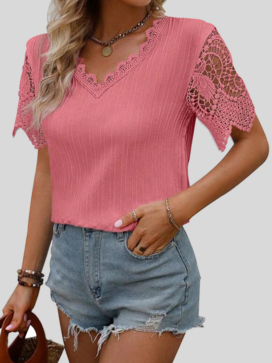 Lace Detail V-Neck Short Sleeve Blouse apparel & accessories