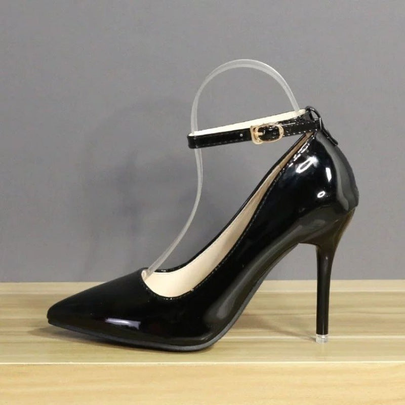 Plus Size One Word Buckle High Heels Female Patent Leather Stilettos Shoes & Bags