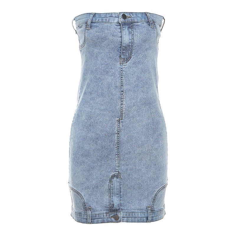 Denim Tube Top Cinched Waist Sexy Hip Bag Dress apparel & accessories