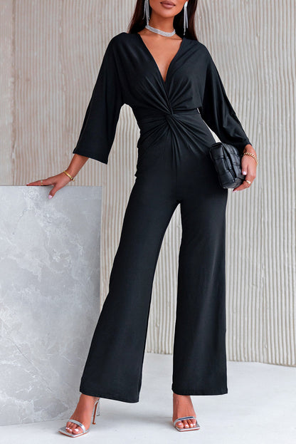 Twisted Plunge Three-Quarter Sleeve Jumpsuit apparel & accessories