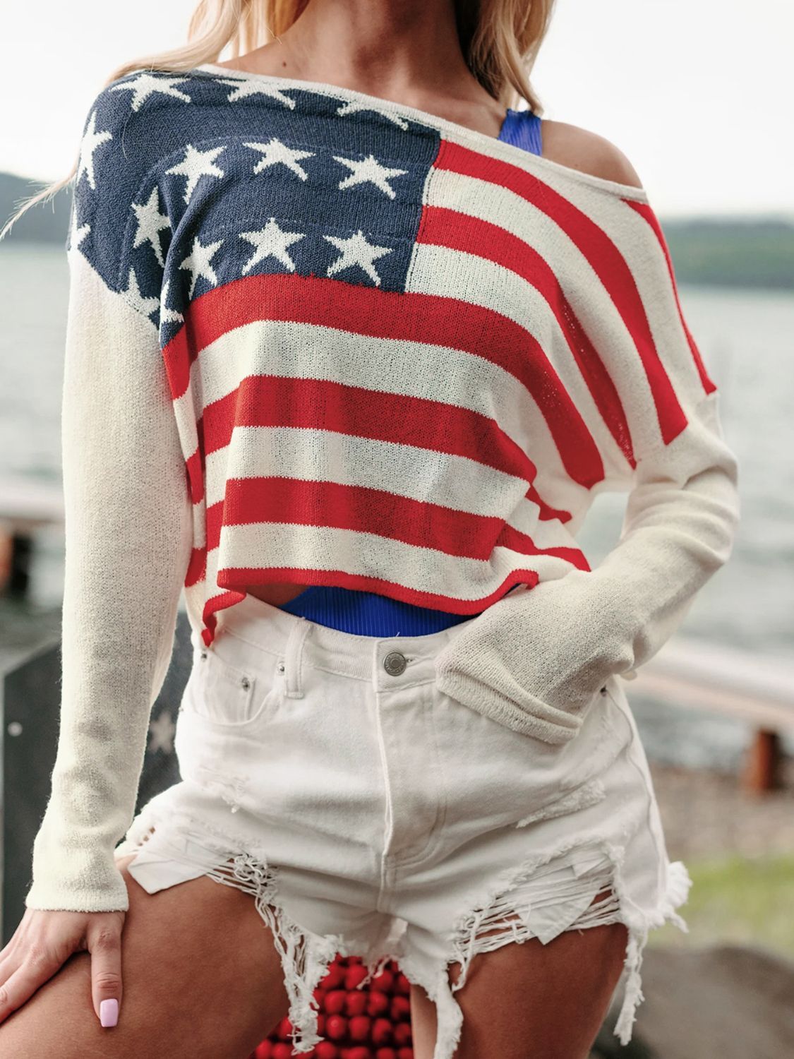 US Flag Boat Neck Long Sleeve Knit Top Dresses & Tops