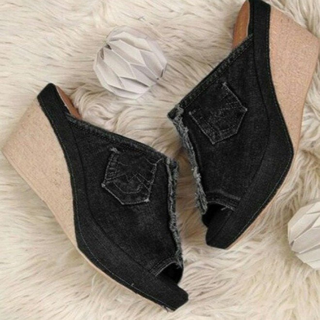 Denim high heels wedge sandals apparel & accessories