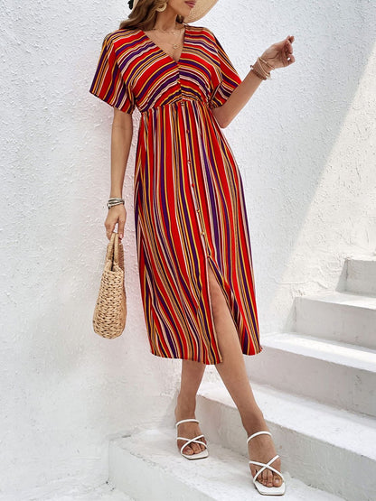 Slit Striped V-Neck Short Sleeve Midi Dress Dresses & Tops