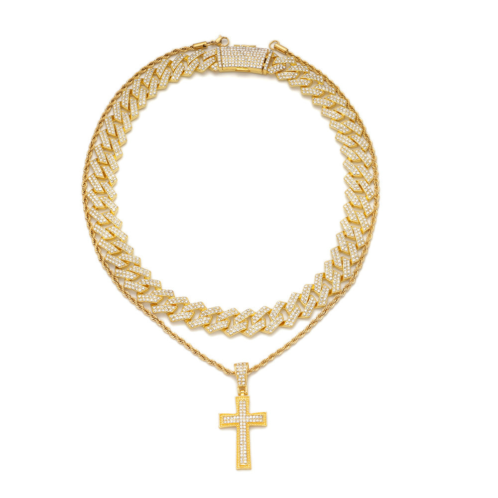 Full Diamond Cross Pendant Cuban Link Chain Jewelry