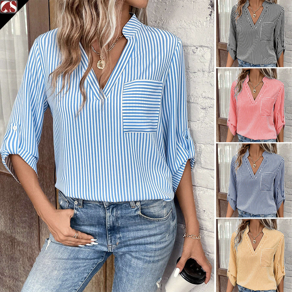 Women's V-neck Pullover Striped Printed Long Sleeves Casual Shirt apparel & accessories