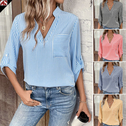 Women's V-neck Pullover Striped Printed Long Sleeves Casual Shirt apparel & accessories