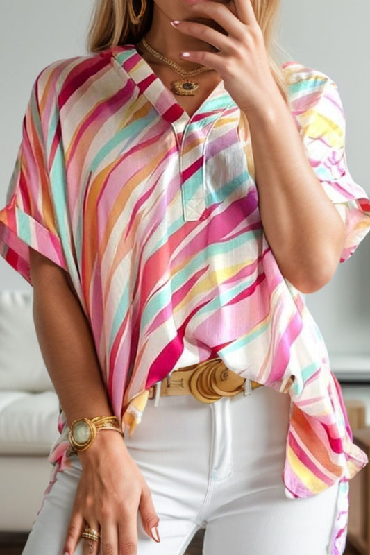 Color Block V-Neck Half Sleeve Blouse Dresses & Tops