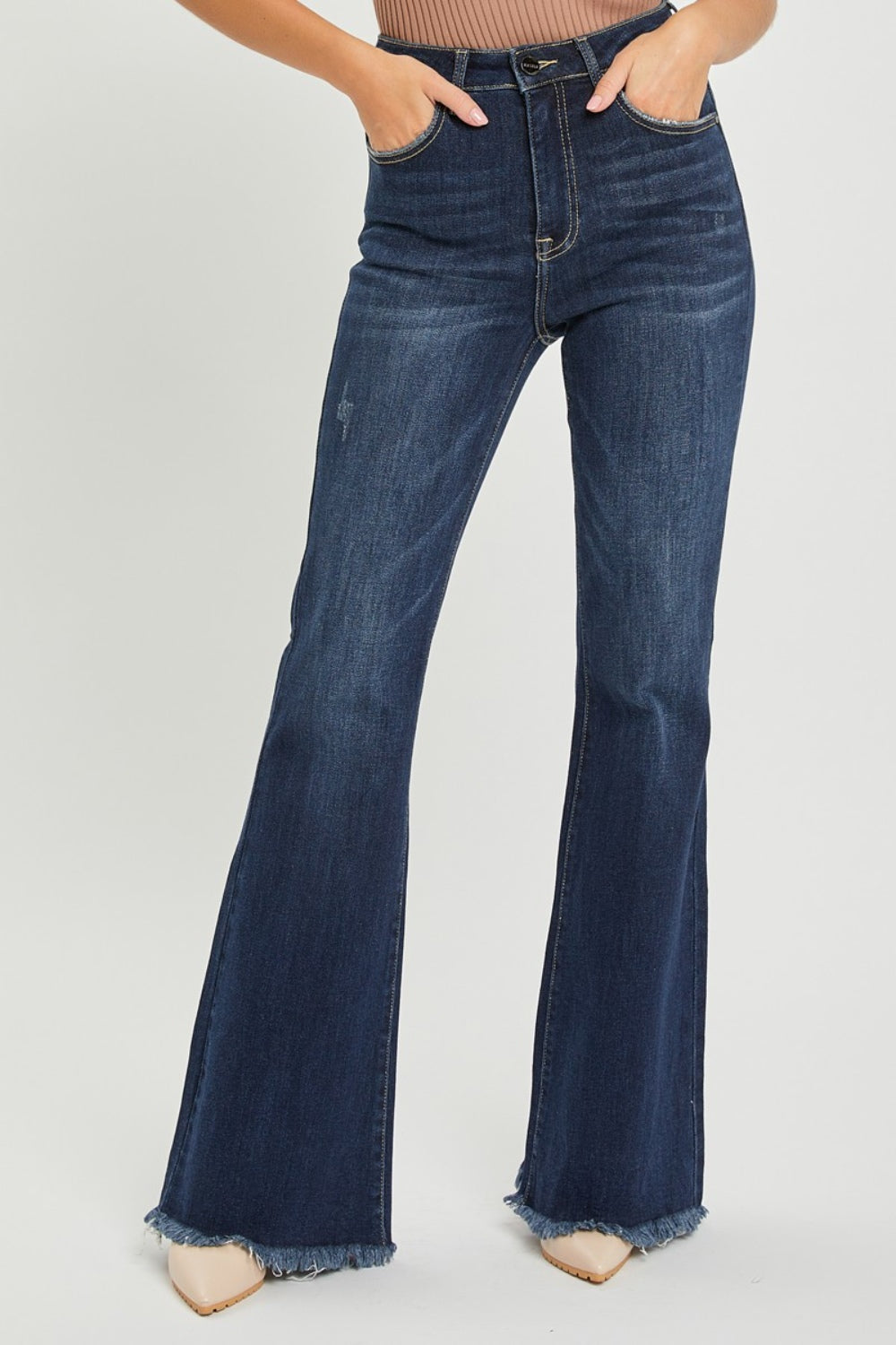 RISEN High Waist Raw Hem Flare Jeans Bottom wear