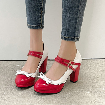 Round Toe Bowknot Color Matching Patent Leather Hollow Buckle High Heels Shoes & Bags