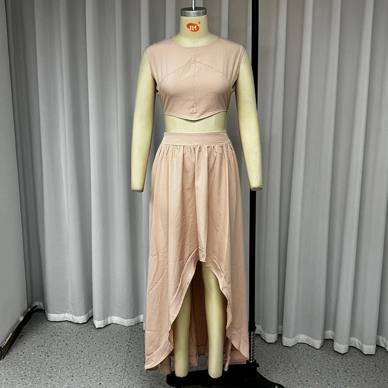 Summer Round Neck Sleeveless Midriff-baring Top High Waist Irregular Skirt Suit apparel & accessories