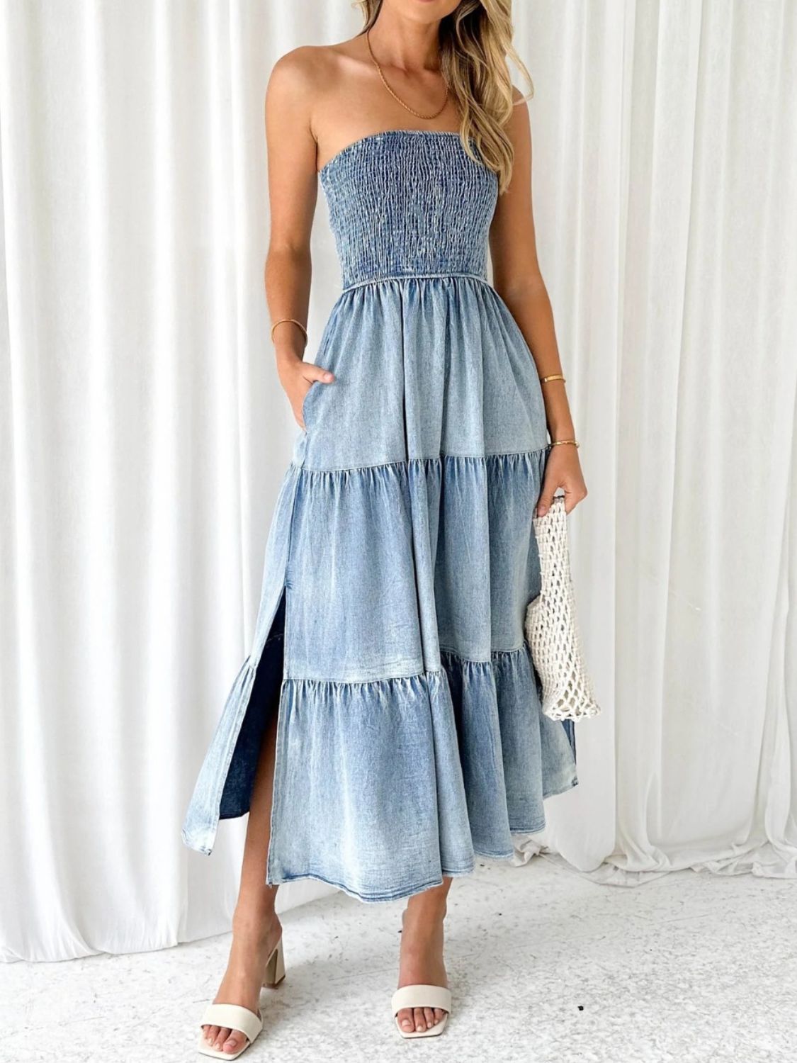 Slit Smocked Tube Tiered Denim Dress apparel & accessories