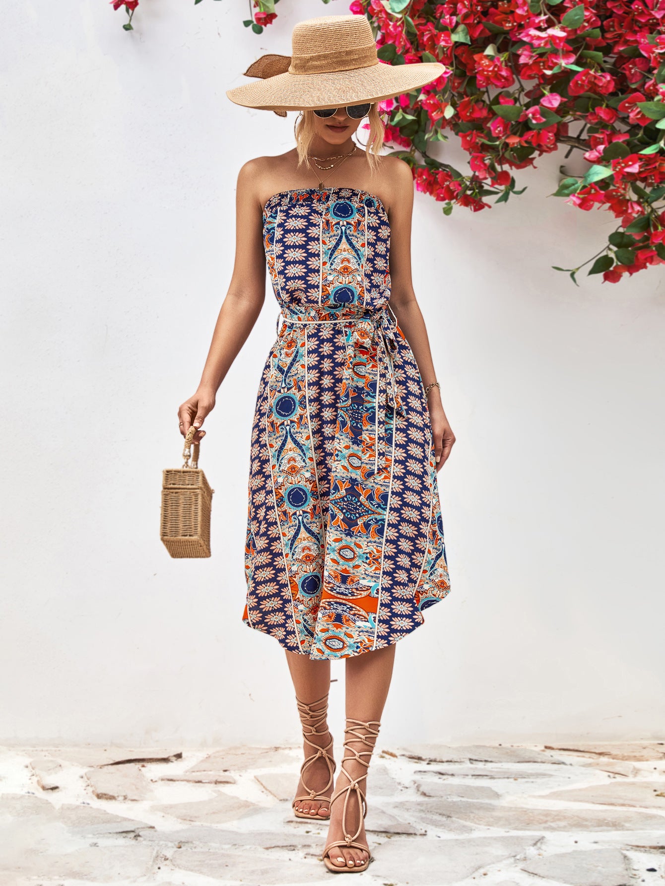 Printed Strapless Tie Belt Dress apparel & accessories