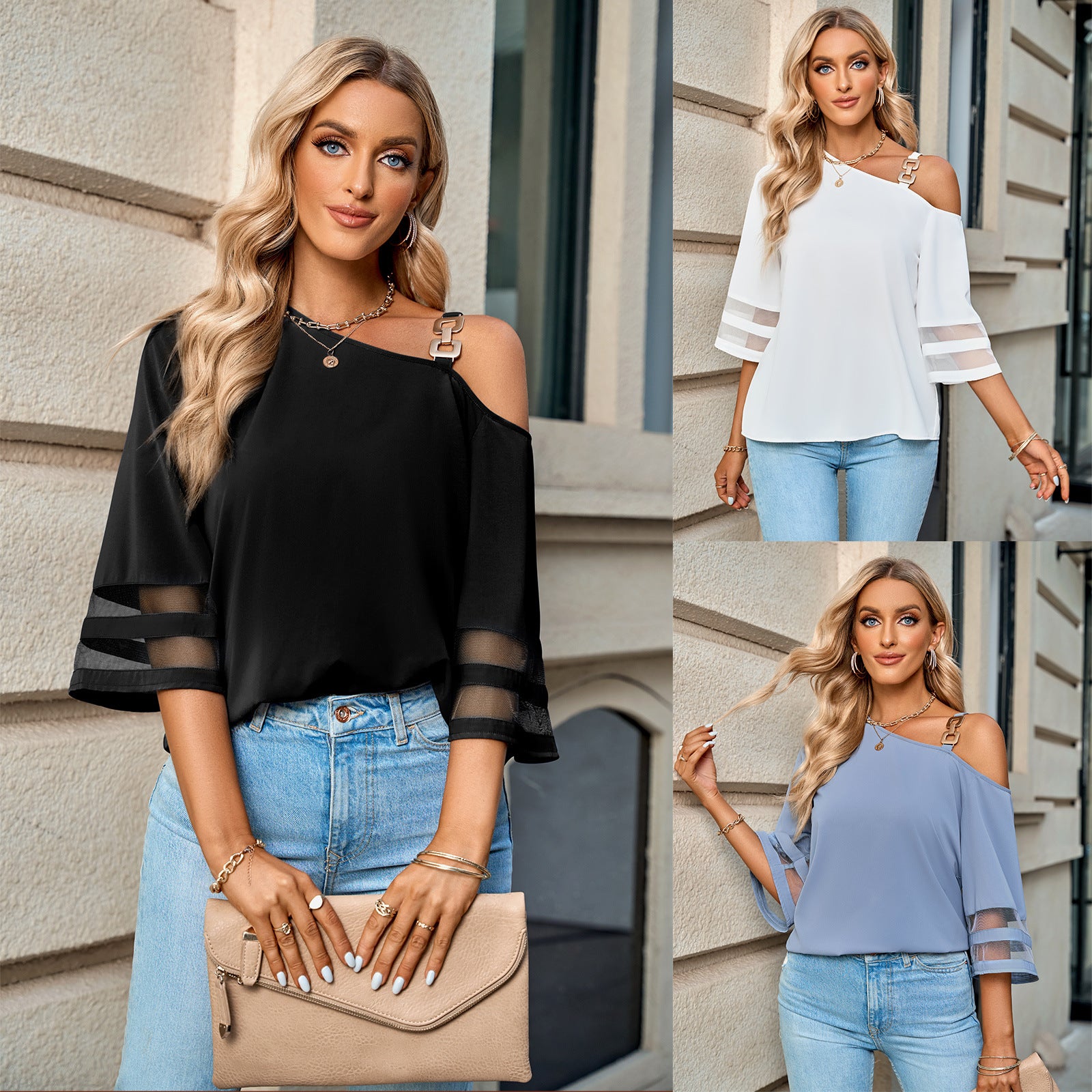 European And American Spring And Summer New Women's Fashion Casual Solid Color Metal Buckle Shoulder Top Women apparels & accessories