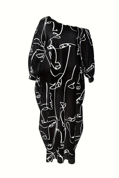 Printed Single Shoulder Lantern Sleeve Maxi Dress apparel & accessories