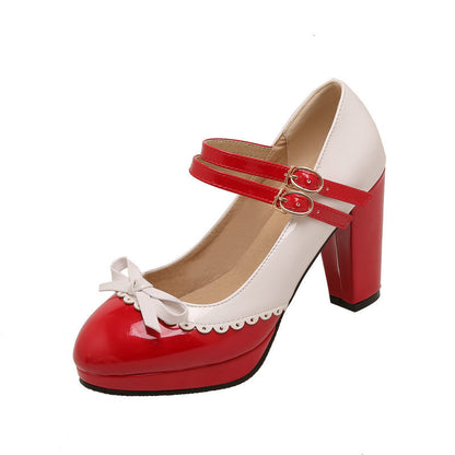 Round Toe Bowknot Color Matching Patent Leather Hollow Buckle High Heels Shoes & Bags