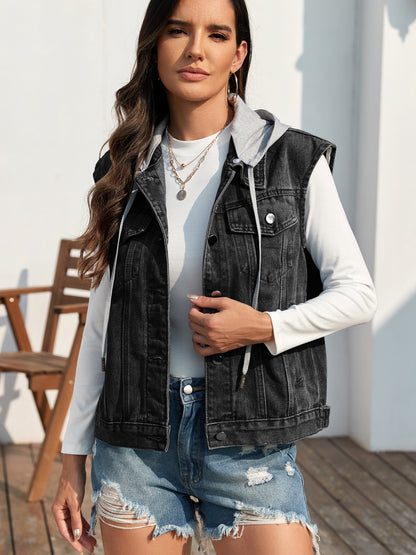 Pocketed Button Up Hooded Denim Jacket Dresses & Tops