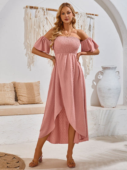 High-Low Smocked Short Sleeve Midi Dress Dresses & Tops