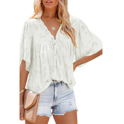 V-neck Cardigan Five-point Mid-sleeve Chiffon Shirt Print Top apparels & accessories