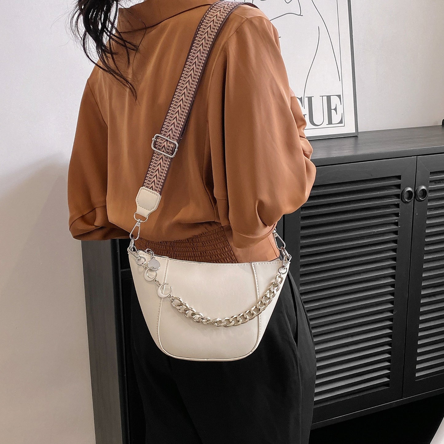 PU Leather Chain Trim Crossbody Bag apparel & accessories