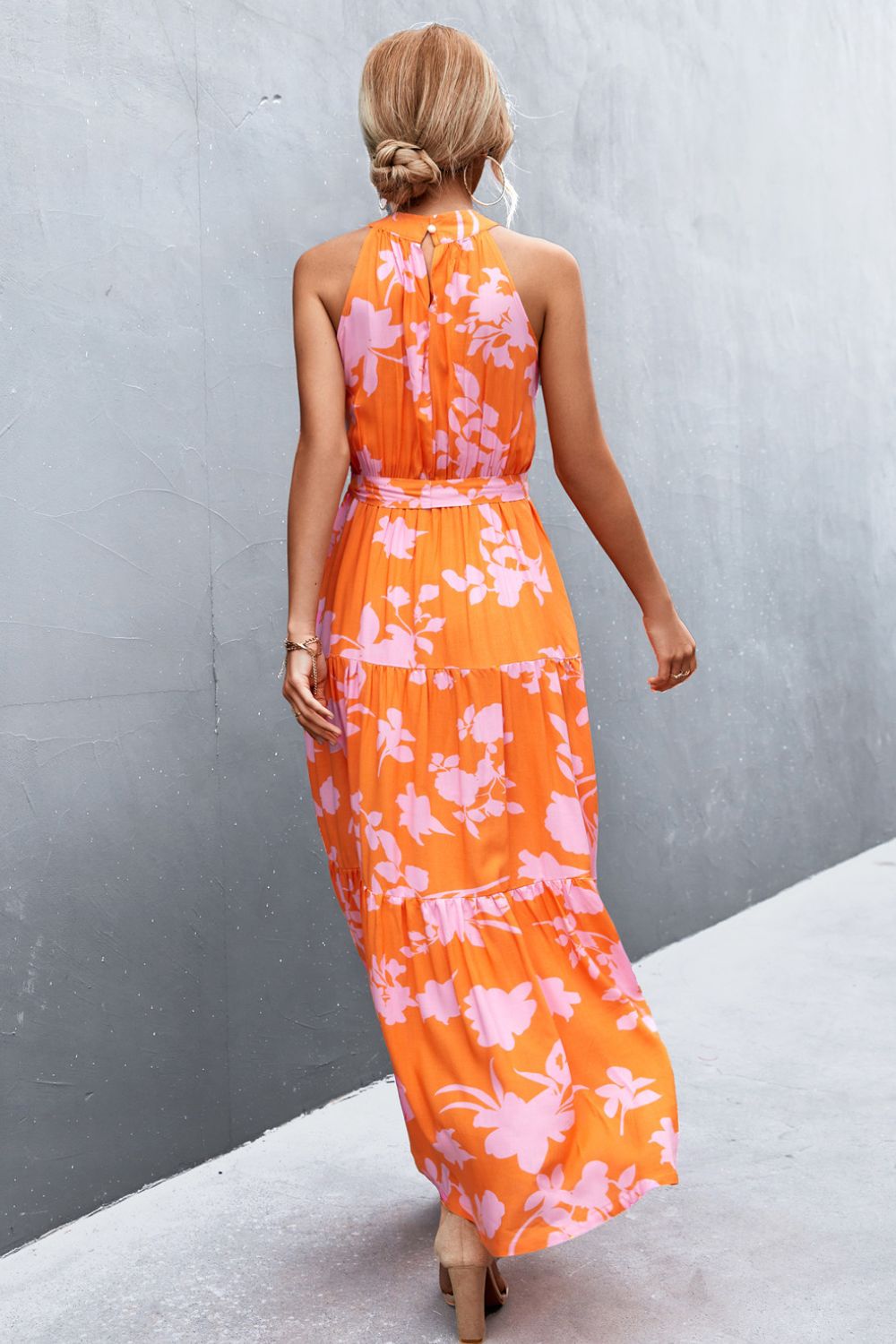 Printed Sleeveless Tie Waist Maxi Dress apparel & accessories